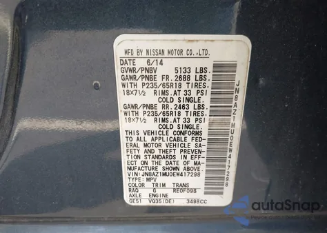 2014 Nissan Murano S z USA, uszkodzony, nr VIN JN8AZ1MU0EW417298